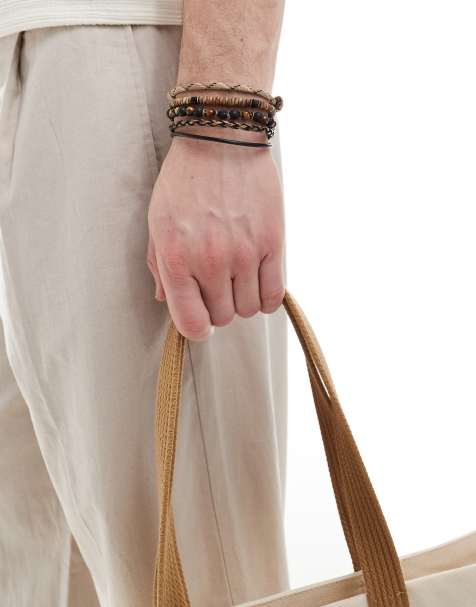 ASOS DESIGN - Lot de 4 bracelets à perles et en cordon en cuir - Marron - view 1