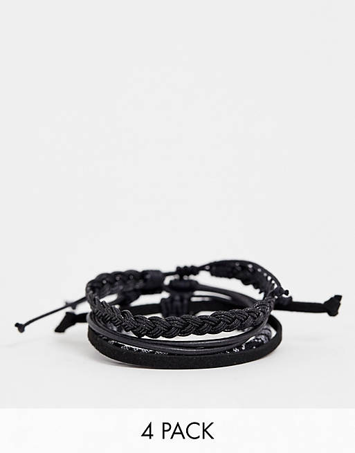 ASOS DESIGN - Lot de 4 bracelets en cuir et tressés - Noir et blanc