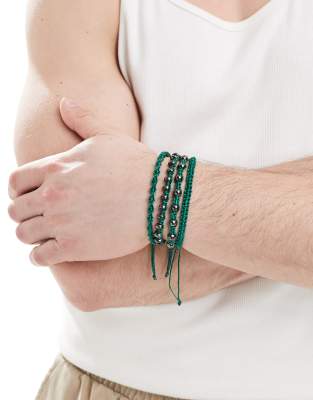 ASOS DESIGN - Lot de 4 bracelets tissés avec perles métalliques - Vert forêt