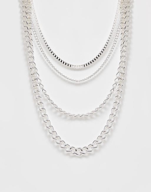 ASOS DESIGN - Lot de 4 colliers courts multi-rangs - Argenté