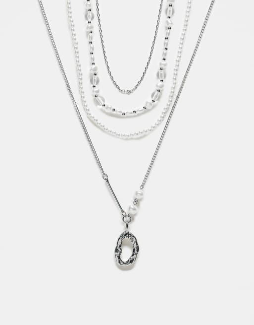 ASOS DESIGN - Lot de 4 colliers variés ornés de perles, maillons et pendentif - Argenté 