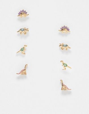 ASOS DESIGN - Lot de 4 paires de boucles d'oreilles en forme de dinosaures ornées de cristaux - Doré | ASOS