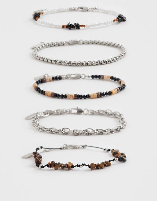 ASOS DESIGN - Lot de 5 bracelets à pierres semi-précieuses œil-de-tigre, obsidienne et petites fleurs - Multicolore