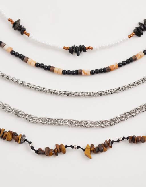 ASOS DESIGN - Lot de 5 bracelets à pierres semi-précieuses œil-de-tigre, obsidienne et petites fleurs - Multicolore, 2 de 2