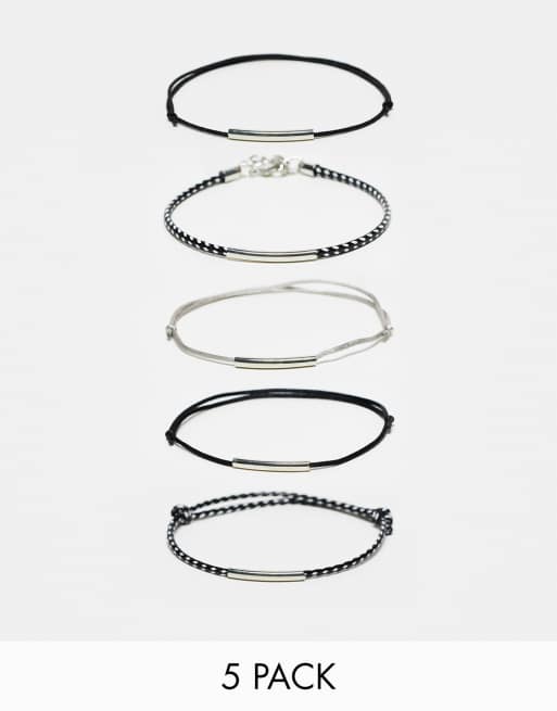 ASOS DESIGN - Lot de 5 bracelets en corde à barre argentée - Noir et blanc