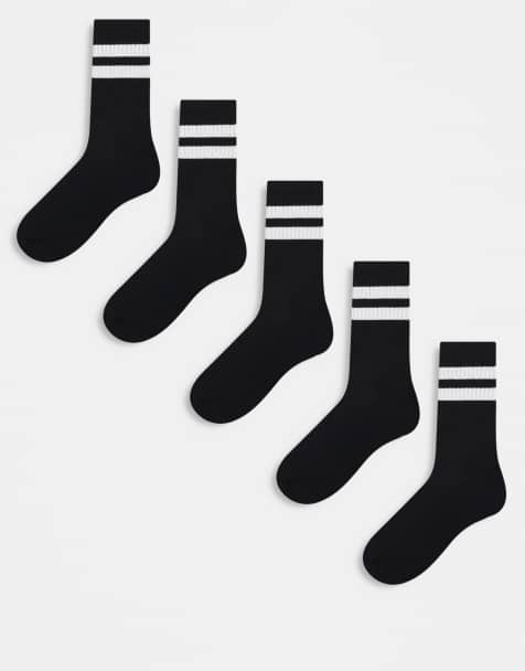 ASOS DESIGN - Lot de 5 paires de chaussettes de sport à rayures - Noir et blanc - view 1