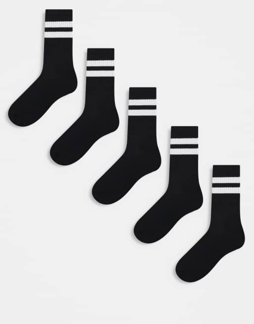 ASOS DESIGN - Lot de 5 paires de chaussettes de sport à rayures - Noir et blanc