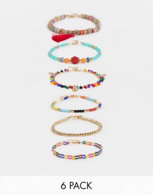 ASOS DESIGN - Lot de 6 bracelets de cheville avec perles multicolores, pampilles et coquillages - Doré | ASOS