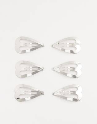 ASOS DESIGN - Lot de 6 barrettes à cheveux en forme de caur en forme de caur-Argenté
