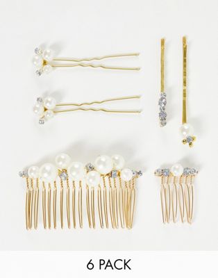 ASOS DESIGN - Lot de 6 peignes et barrettes à cristaux et perle - Doré