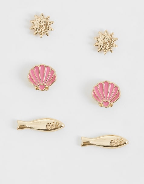 ASOS DESIGN - Lot de boucles d'oreilles à faune marine en émail - Rose - view 1