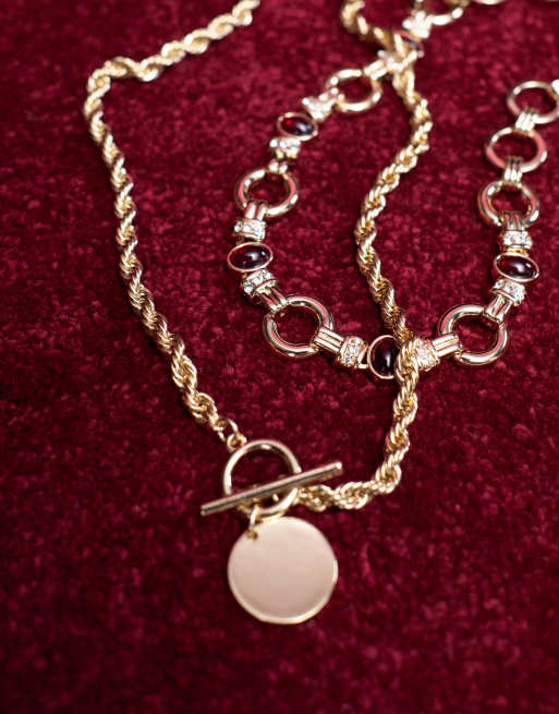 ASOS DESIGN - Lot de colliers à chaîne chunky et pierres bordeaux - Doré, 2 de 3