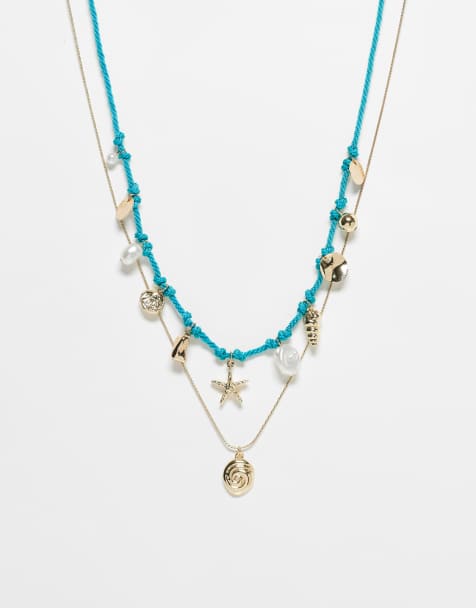 ASOS DESIGN - Lot de deux colliers en cordon bleu et chaîne dorée avec breloques style marine - view 1