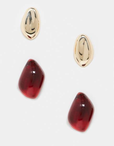ASOS DESIGN - Lot de deux paires de clous d'oreilles effet fondu - Doré et bordeaux - view 1