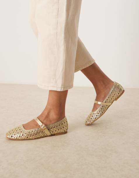 ASOS DESIGN - Lottie - Ballerine Mary Jane oro con design intrecciato a pianta larga - view 1