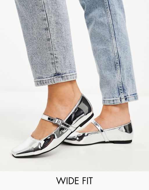 ASOS DESIGN - Lottie - Mary Jane ballerina's met brede pasvorm in zilver