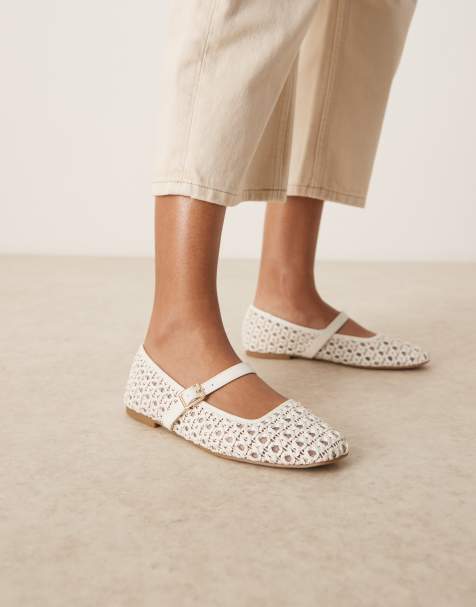 ASOS DESIGN – Lottie – Mary-Jane-Ballerinas mit gewebtem Obermaterial in Wollweiß - view 1