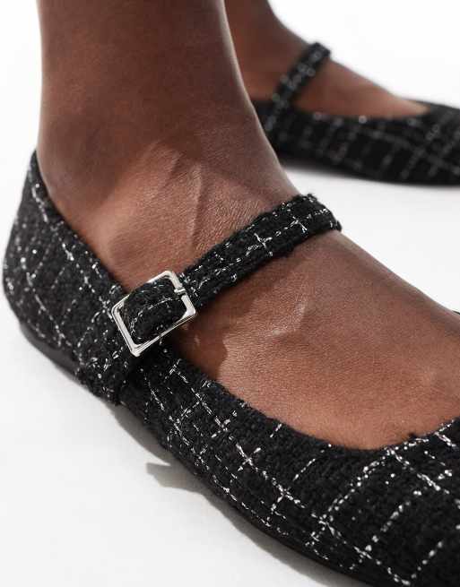 ASOS DESIGN Lottie Mary Jane ballet flats in black tweed, 3 of 4