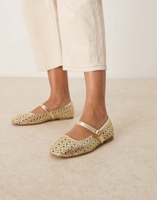 ASOS DESIGN Lottie mary jane ballet flats in gold weave