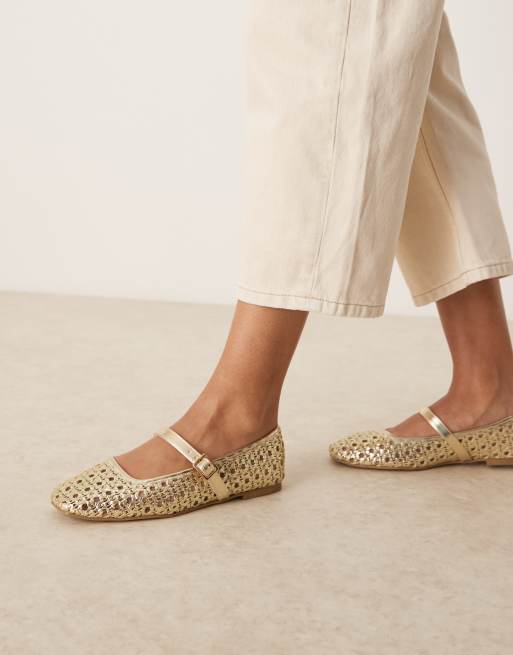 ASOS DESIGN Lottie mary jane ballet flats in gold weave