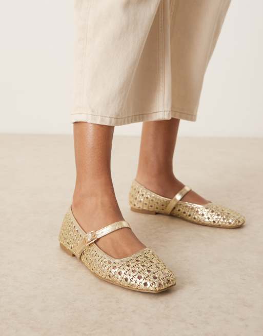 ASOS DESIGN Lottie mary jane ballet flats in gold weave