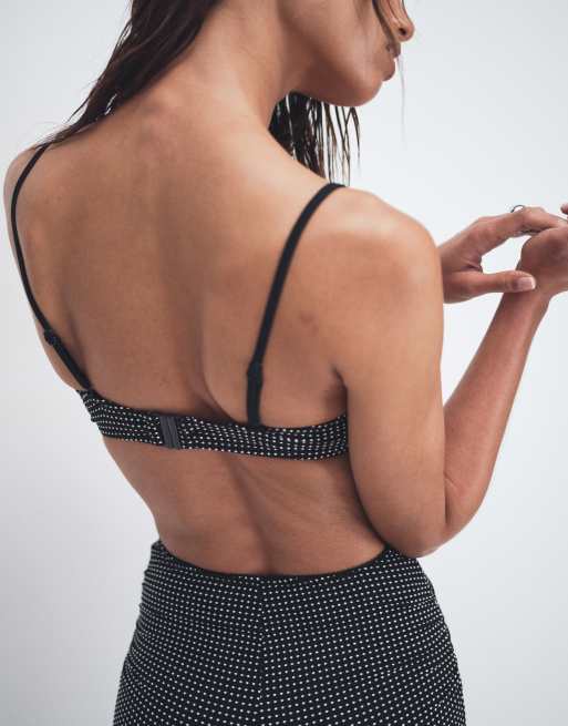 ASOS DESIGN Lottie Spot balcony underwire bikini top in black polka dot, 3 of 4