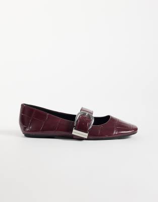 Asos Design Lotus Buckle Detail Mary Jane Ballet Flats In Burgundy