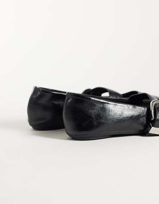 ASOS DESIGN Lotus buckle detail mary jane ballets in black croc, 4 of 4