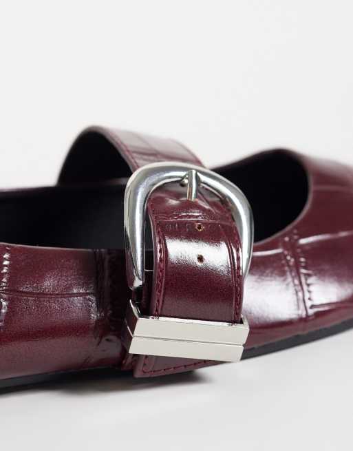 ASOS DESIGN Lotus buckle detail mary jane ballets in plum croc, 2 of 4