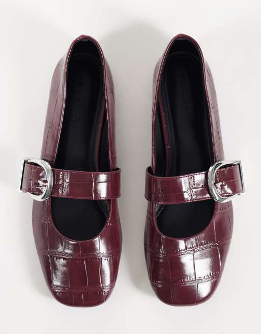 ASOS DESIGN Lotus buckle detail mary jane ballets in plum croc, 3 of 4