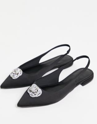 ASOS DESIGN LOTUS EMBELLISHED SLINGBACK BALLET FLATS IN BLACK SATIN