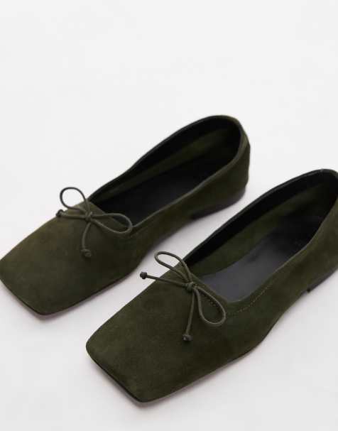 ASOS DESIGN Lotus premium suede ballets in khaki - view 1