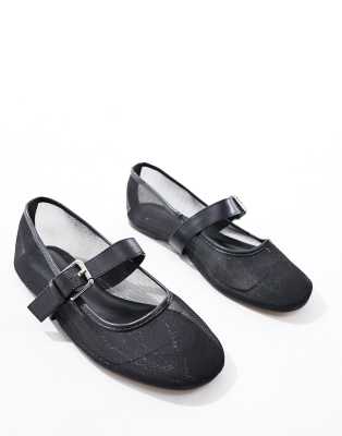 ASOS DESIGN - Lou - Mary-Jane-Ballerinas aus Netzstoff in Schwarz