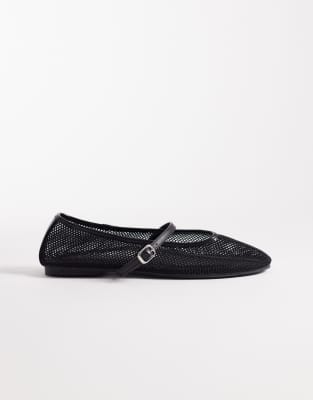 ASOS DESIGN - Lou - Mary-Jane-Ballerinas aus Netzstoff in Schwarz