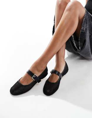 ASOS DESIGN - Lou - Mary-Jane-Ballerinas aus strukturiertem Netzstoff in Schwarz