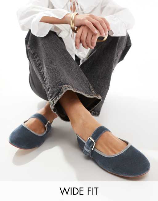 ASOS DESIGN - Lou - Mary Jane ballerina's met brede pasvorm in grijs fluweel