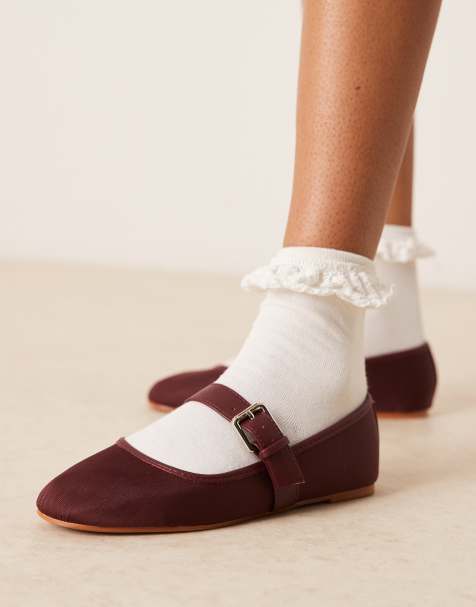 ASOS DESIGN Lou mary jane ballet flats in burgundy textile - view 1
