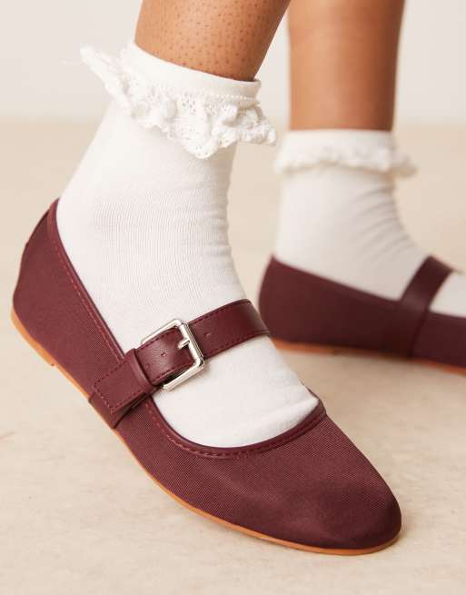 ASOS DESIGN Lou mary jane ballet flats in burgundy textile, 4 of 4