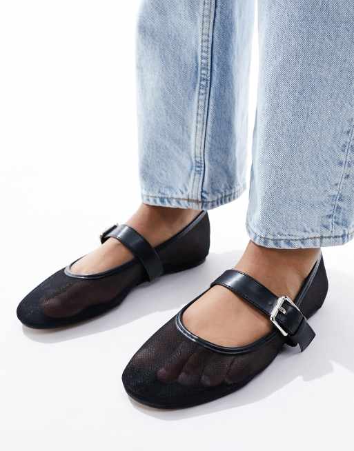 ASOS DESIGN Lou mesh mary jane ballet flats in black, 2 of 4