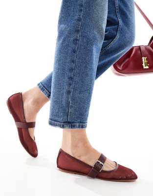 ASOS DESIGN LOU MESH MARY JANE BALLET FLATS IN BURGUNDY-RED 