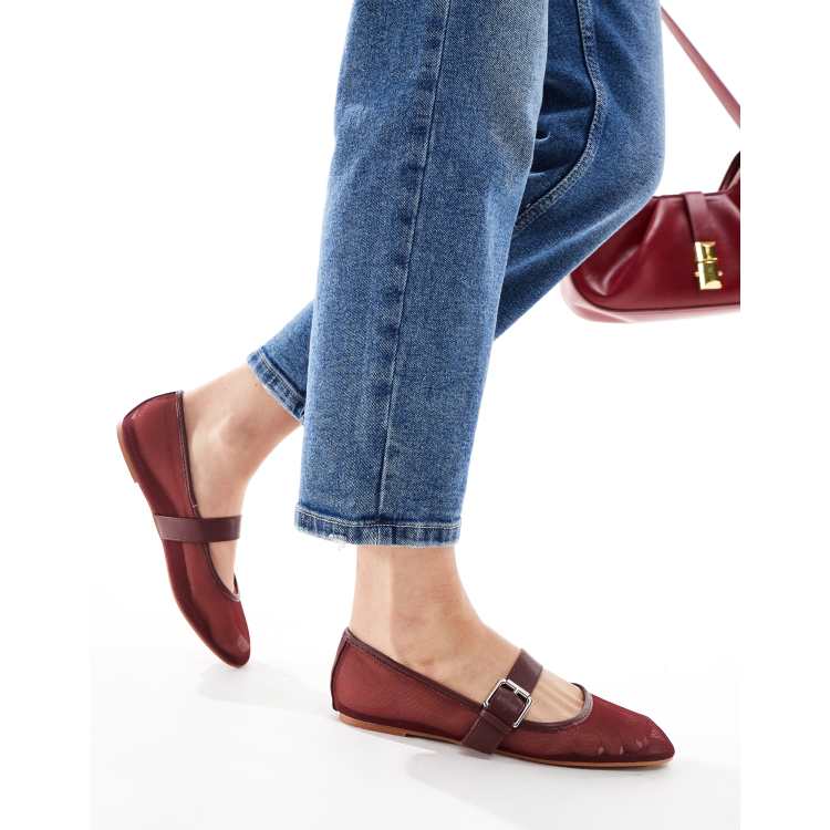 ASOS DESIGN Lou mesh Mary Jane ballet flats in burgundy ASOS