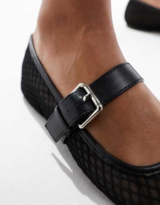 ASOS DESIGN Lou textured mesh mary jane ballet flats in black , 4 of 4