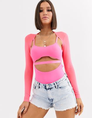 ASOS DESIGN - Louanna - Body en tulle à manches longues, lanières et découpes - Rose