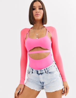 ASOS DESIGN - Louanna - Bodysuit met lange mesh mouwen, uitsnijdingen en band-Roze