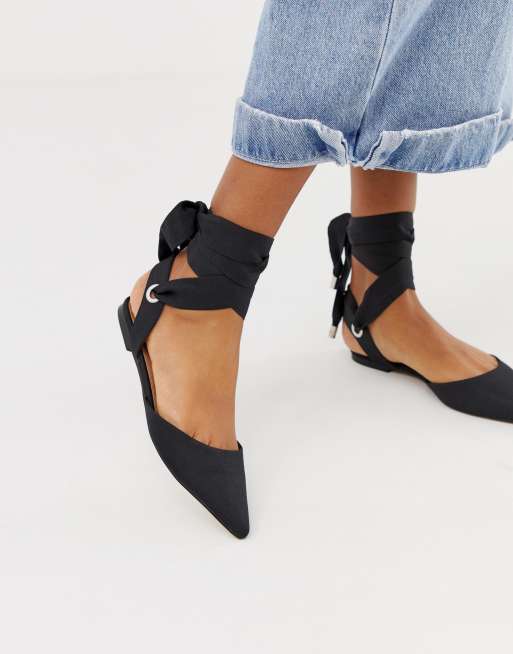 ASOS DESIGN Louisa tie leg pointed ballet flats in black | ASOS