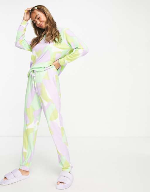 ASOS DESIGN lounge abstract painterly viscose sweat jogger set