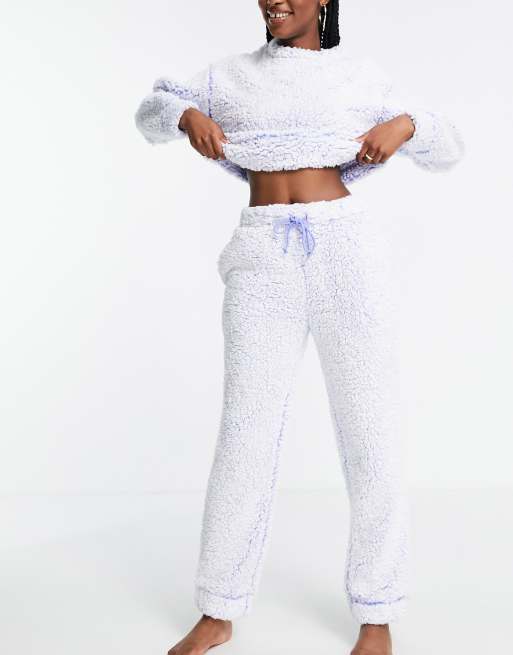 ASOS DESIGN lounge bleached borg sweat & trackies set in blue
