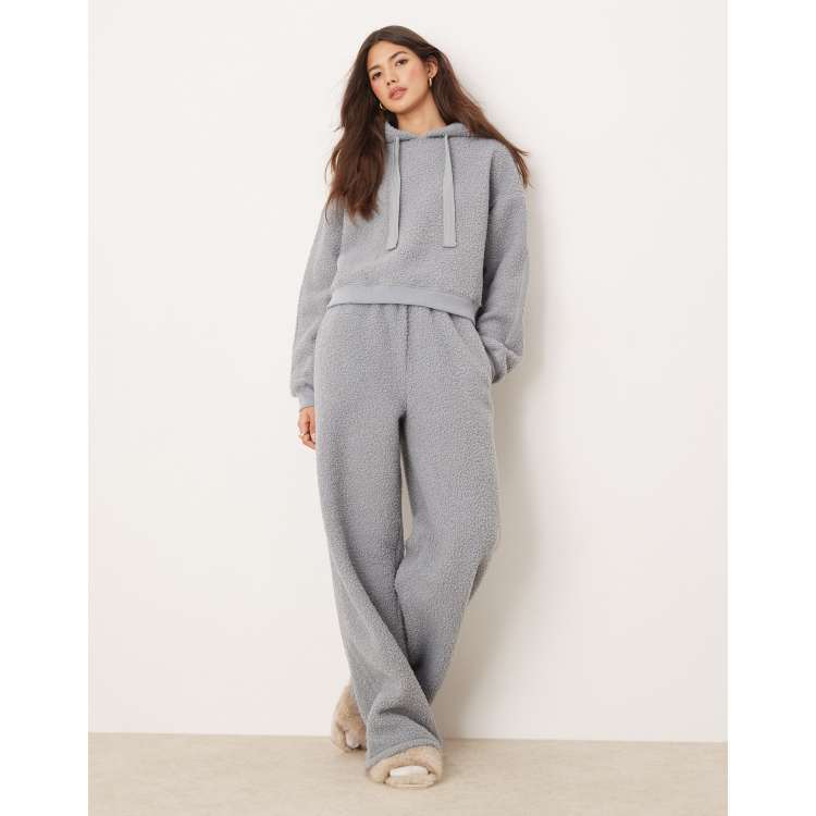 ASOS DESIGN lounge borg cropped hoodie & wide leg pants set in