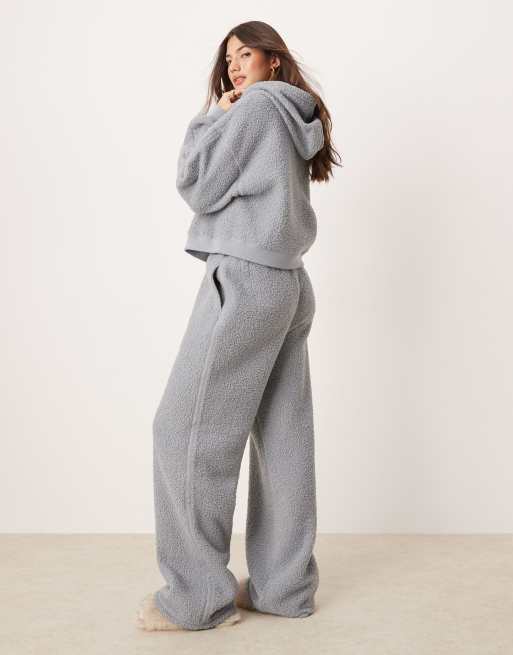 ASOS DESIGN lounge borg cropped hoodie & wide leg pants set in