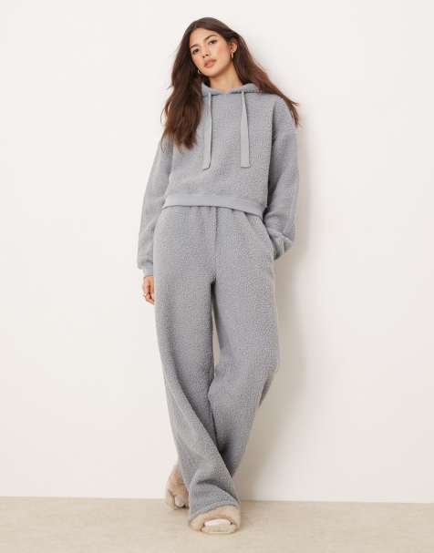 ASOS DESIGN lounge borg cropped hoodie & wide leg set in blue - view 1